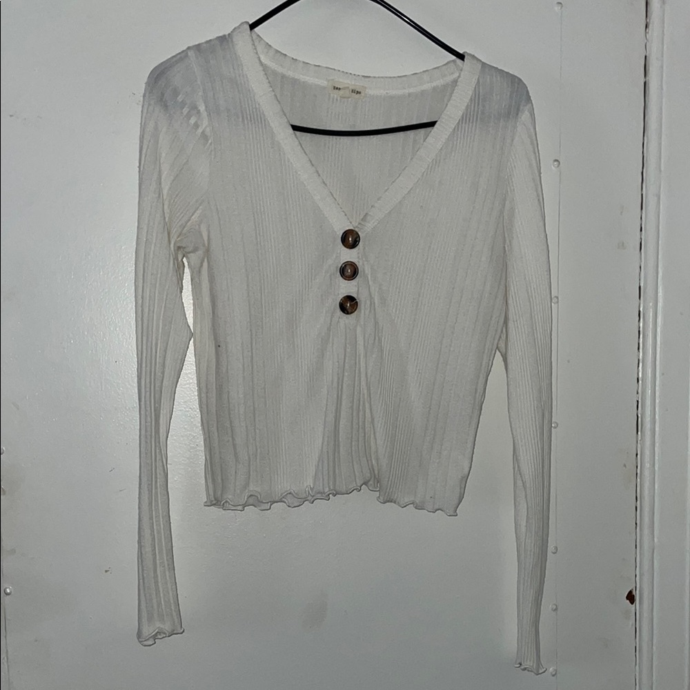 White Ribbed Button-Up Women's Top